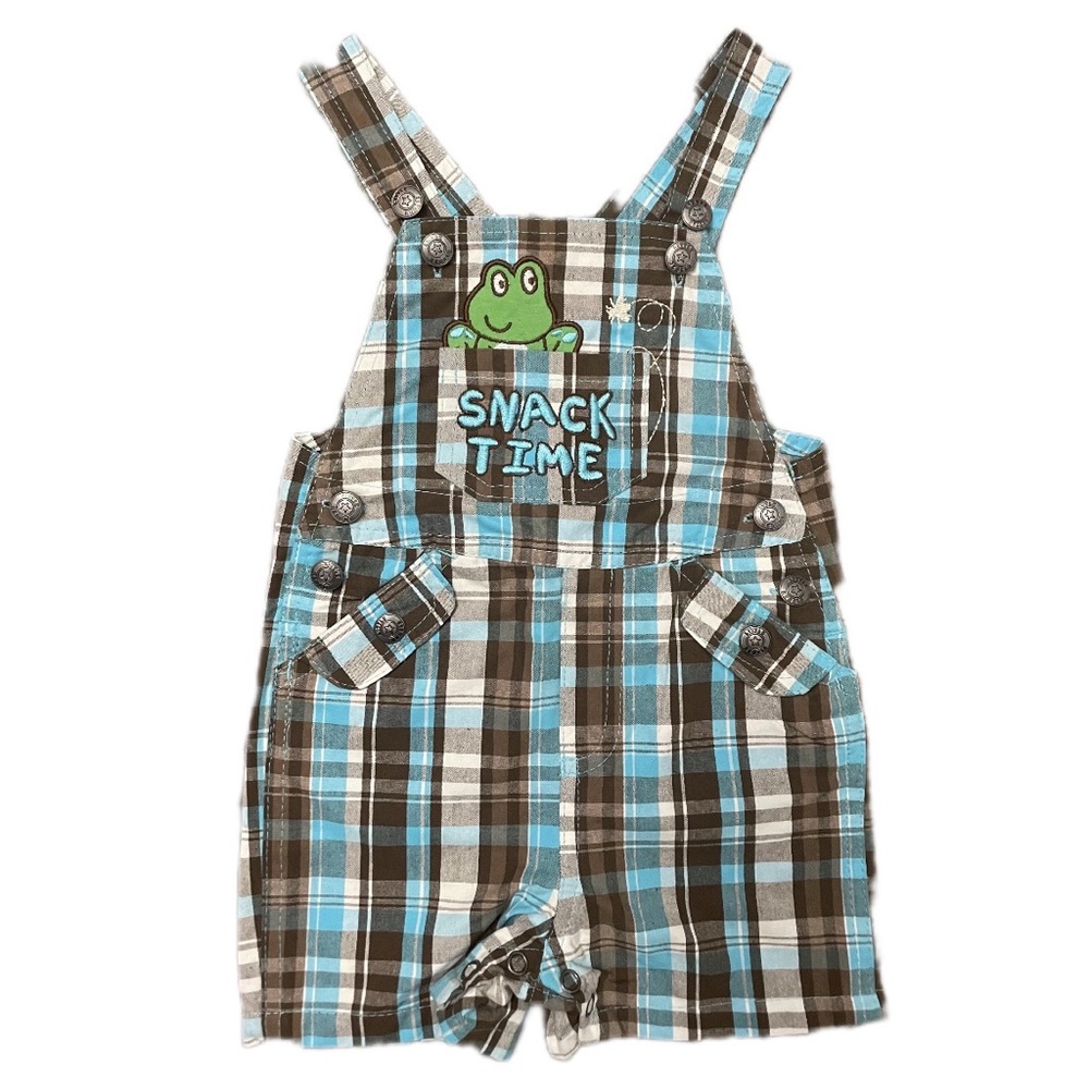 LITTLE REBELS Baby Boy Blue & Brown Plaid Overall Shorts Sz. 12 Months - NWT